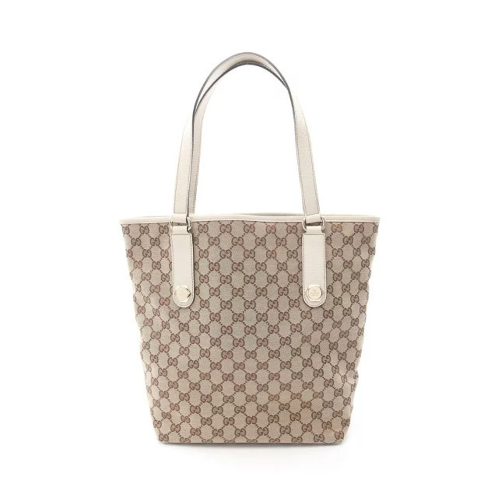 Gucci GG Canvas Tote Bag Leather Beige Cream Brown Ivory White